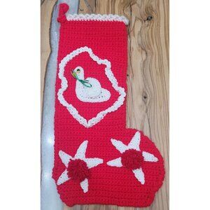Vintage Crochet Christmas Stocking  Red & White Knit Duck Swan Starfish